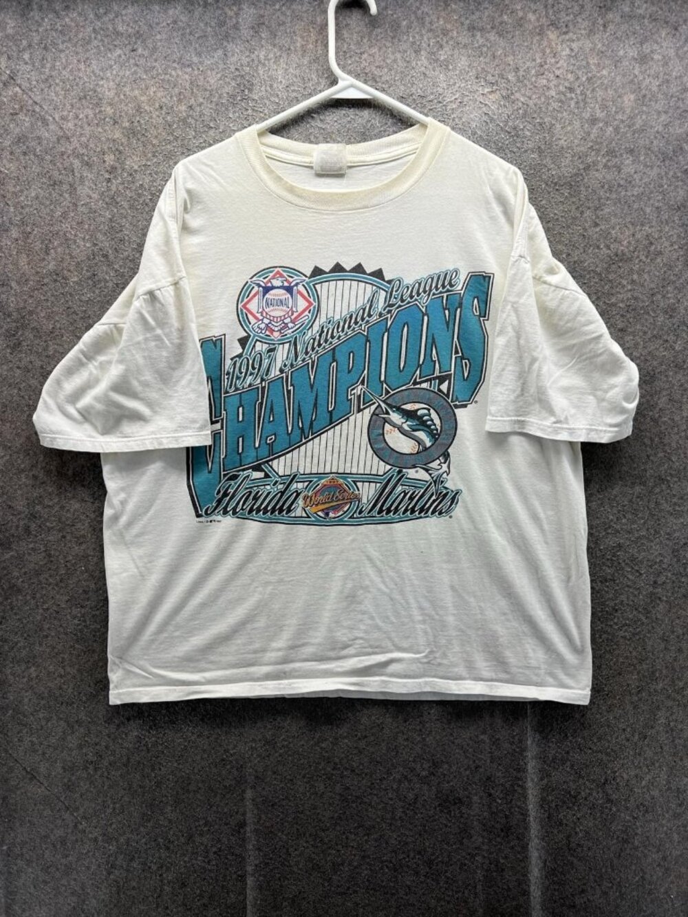 Vintage Florida Marlins Shirt Mens XL White MLB Baseball Jerzees 1997 NL Champs